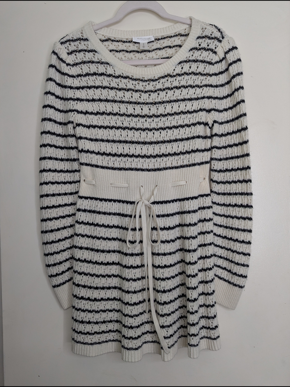 Motherhood Maternity Cream and Black Striped Knit Tie-Waist Dress